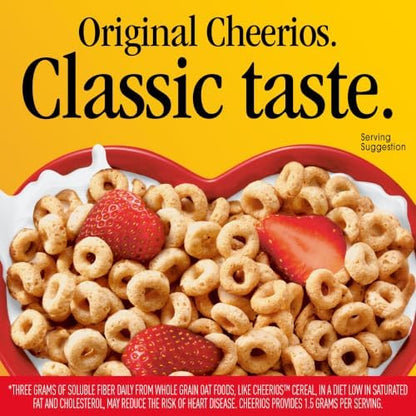 Cheerios gluten free breakfast cereal in family size 18 oz box, heart-healthy oat cereal with round, toasted cereal rings.