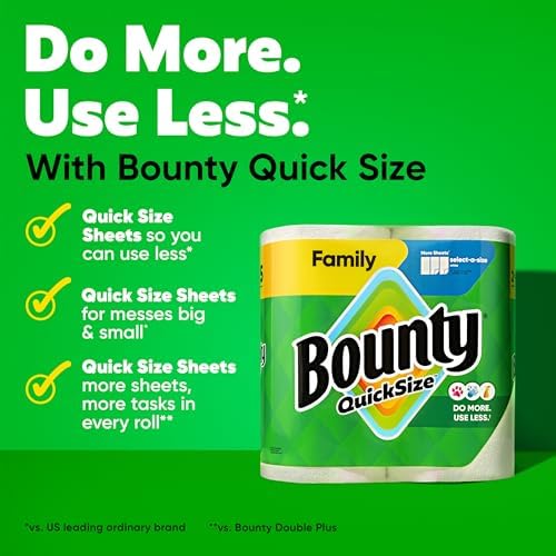 Bounty paper towels Quick Size in white, 16 family rolls, or 40 regular rolls, with K-Cup coffee pods in the image.