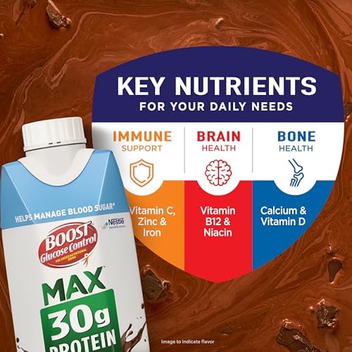 BOOST Glucose Control Max Protein Nutritional Drink in chocolate flavor, 11 fl oz bottle with rich chocolate color.