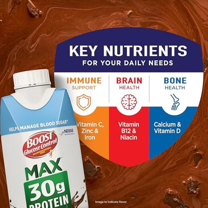BOOST Glucose Control Max Protein Nutritional Drink in chocolate flavor, 11 fl oz bottle with rich chocolate color.