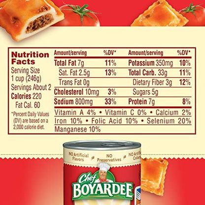 Four 15 oz cans of Chef Boyardee Beef Ravioli in a packaged ravioli set, ready to serve as a quick meal.