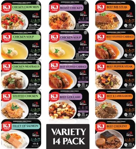 KJ Poultry Kosher ready microwave meals with chicken, beef, and salmon, fully cooked, shelf-stable, ideal for travel, camping, or emergencies