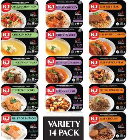 KJ Poultry Kosher ready microwave meals with chicken, beef, and salmon, fully cooked, shelf-stable, ideal for travel, camping, or emergencies