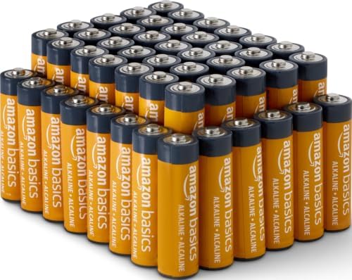 Amazon Basics 48-pack AA alkaline batteries, 1.5V, long-lasting power with no leakage, ideal for everyday electronic devices.