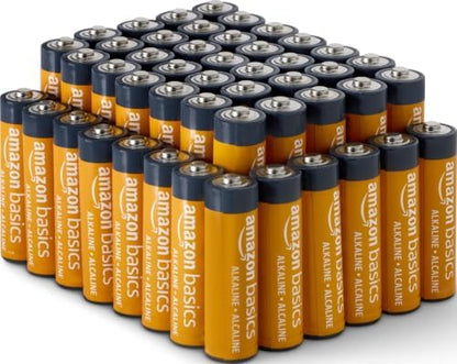 Amazon Basics 48-pack AA alkaline batteries, 1.5V, long-lasting power with no leakage, ideal for everyday electronic devices.