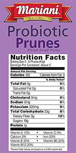 Mariani Premium probiotic dried prunes with BC30 cultures, supporting digestion and immune health in a 7 oz bag.