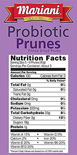 Mariani Probiotic Dried Prunes with BC30 probiotic cultures, showcasing fresh, dark dried prunes in a 7 oz bag for digestive health