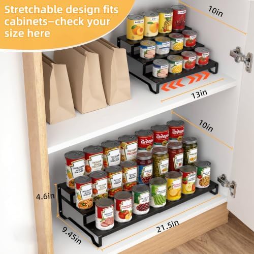 Expandable Attelite metal can organizer with three tiers for pantry canned food storage and organization.