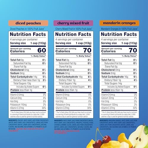Dole fruit snack cups with diced peaches, mandarin oranges, and cherry mixed fruit in 4 oz servings, 12-pack.