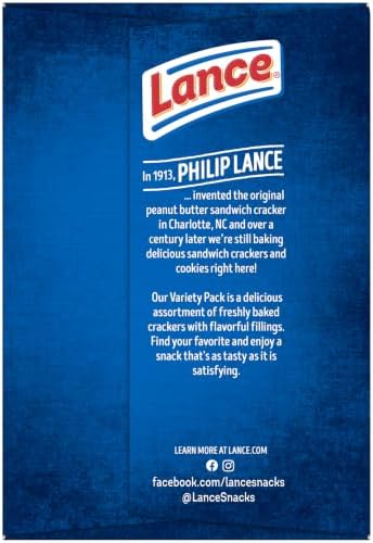 Lance assorted sandwich crackers variety pack with 20 crackers in different flavors, stacked in a clear plastic tray.