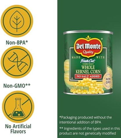 Canned Del Monte Whole Kernel Gold Corn with no salt added, 8.75 ounces per can, packed in a set of 12.