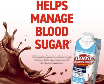 BOOST Glucose Control protein drink with rich chocolate flavor in 8 oz bottles, pack of 48, for nutritional support and energy.