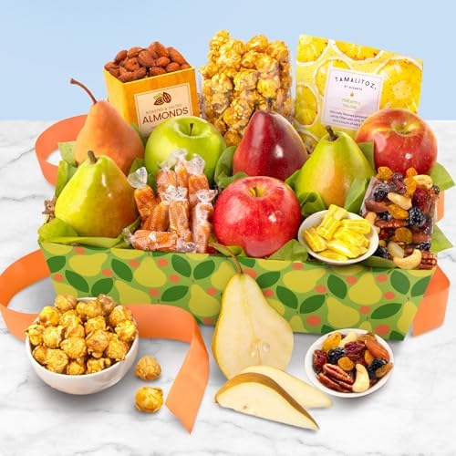 Fresh fruit gift basket from A Gift Inside, featuring pears, apples, mixed fruit, nuts, and sweet snacks in a gourmet presentation.