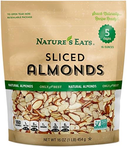 Sliced blanched almonds from Nature's Eats in a resealable bag, ideal for baking, salads, granola, and snacks.