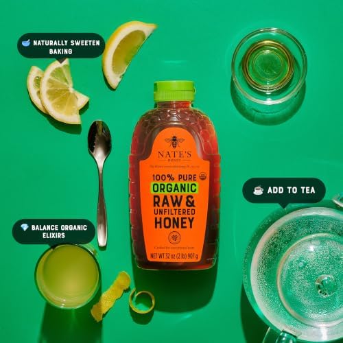 Nate's Organic Honey in a 16oz squeeze bottle, golden honey flowing from the spout, natural and pure honey product.