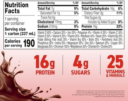 BOOST Glucose Control chocolate protein drink in 8 oz bottles, ready-to-drink nutritional beverage, pack of 48.