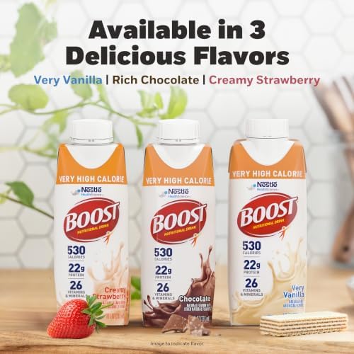 Boost Very High Calorie Protein Nutritional Drink in Very Vanilla flavor, 8 fl oz bottles, 24-pack, for nutritional support.