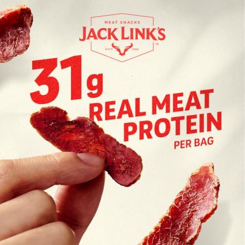 Jack Link's beef jerky slices in original and hickory smoked flavors, 4-pack 2 oz each, showing seasoned beef jerky strips.