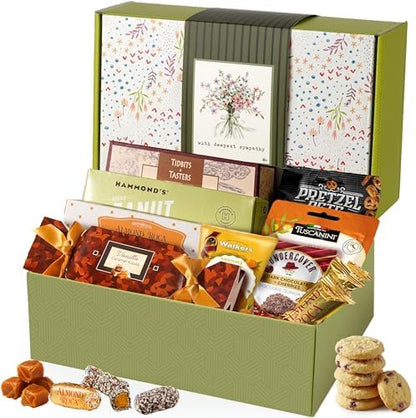Broadway Basketeers sympathy snack gift box with assorted comforting treats in a care package for condolences.