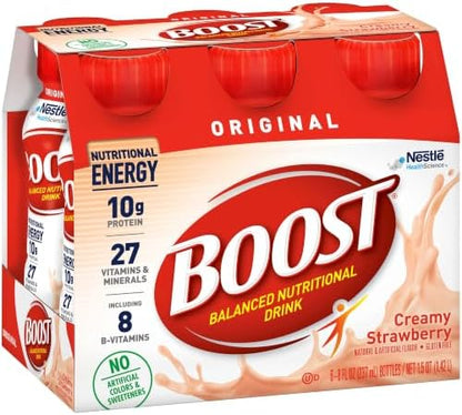 Boost Original Nutritional Drink in creamy strawberry flavor, 8 oz bottles, pack of 24, with colorful label and cap.