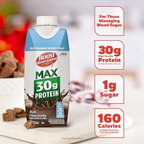 BOOST Glucose Control Max Protein Nutritional Drink in chocolate flavor, 11 fl oz, with creamy chocolate appearance and label visible.