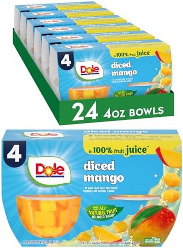 Dole diced mango fruit snack cups in 4 oz bowls, 24-pack, showing colorful fruit pieces in clear containers.