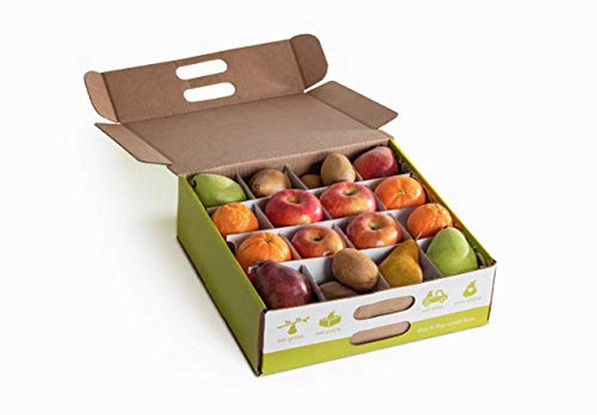 Fresh fruit box by A Gift Inside featuring apples, pears, citrus, and seasonal fruit in a colorful gift basket.