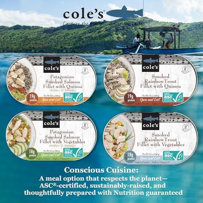 Cole’s ready-to-eat meals pack with 4 cans of smoked salmon and trout with quinoa and vegetables, high-protein seafood meal.