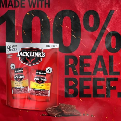 Jack Link's Beef Jerky Variety Pack with original and teriyaki flavors, 9-pack of 1.25 oz bags, savory beef jerky snacks.