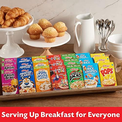 Assorted Kellogg's cold breakfast cereals in colorful boxes, bulk pantry staples and kid snack variety pack, 48 boxes total.