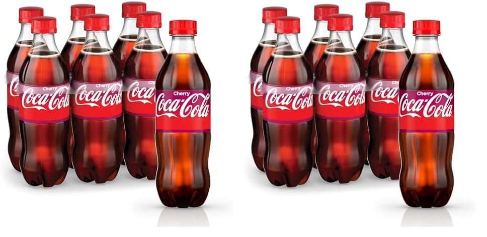 12-pack Coca-Cola Cherry soda cans, 12 fl oz each, with red and black design featuring Coca-Cola branding and cherry flavor imagery.