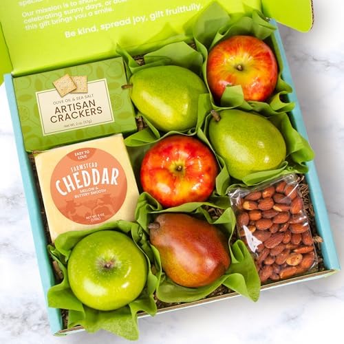 A Gift Inside fruit gift basket with fresh mixed fruit, cheese, and olive oil crackers, perfect for gifting on special occasions.