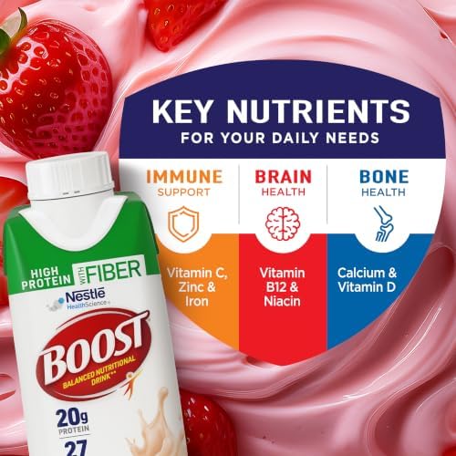 BOOST High Protein with Fiber Strawberry nutritional shake in 24-pack, showing a glass filled with pink strawberry-flavored protein shake.