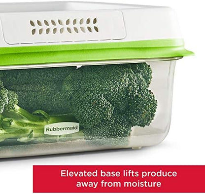 Rubbermaid FreshWorks large produce storage containers, 4-piece set, with clear lids and ventilation for fresh fruit and vegetable storage.