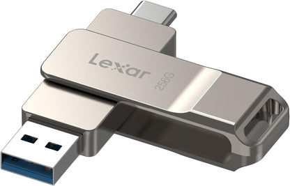 Lexar D40E 128GB Dual USB 3.2 Gen 1 Type-C flash drive in champagne silver, showing USB connector and sleek design.