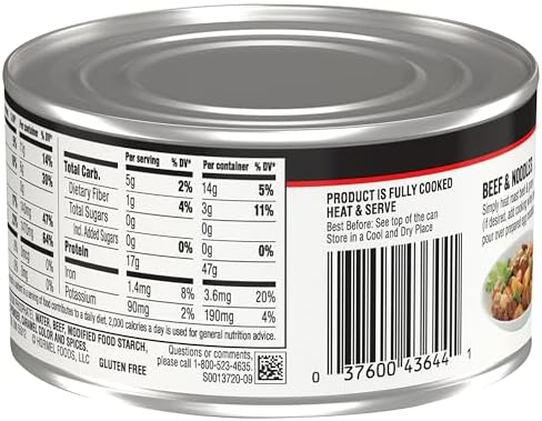 Canned Hormel Roast Beef & Gravy in 12-ounce can, showing the label and can design for Hormel canned beef gravy product.