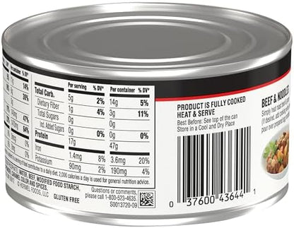Canned Hormel Roast Beef & Gravy in 12-ounce can, showing the label and can design for Hormel canned beef gravy product.