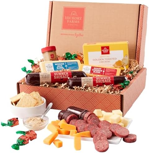 Hickory Farms farmhouse meat and cheese gift basket with summer sausage, gourmet cheeses, and snacks in a small box set.