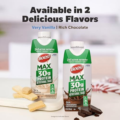 BOOST MAX Vanilla Ready to Drink Protein Shake, 11 Fl Oz, pack of 18, creamy vanilla flavor in convenient bottles.