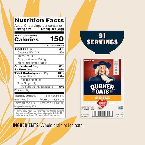 Quaker Old Fashioned Rolled Oats in two 64oz bags, Non-GMO Project Verified, 4-pound pack, ideal for breakfast and baking