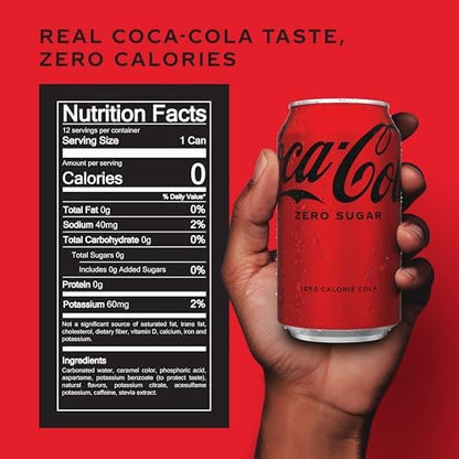 Coca-Cola Zero Sugar diet soda cans in a 12-pack, 12 fl oz each, in a fridge pack, featuring the Coca-Cola Zero branding