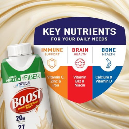 BOOST High Protein with Fiber Vanilla nutritional shake, 24-pack, showing a glass filled with creamy vanilla-flavored protein shake.