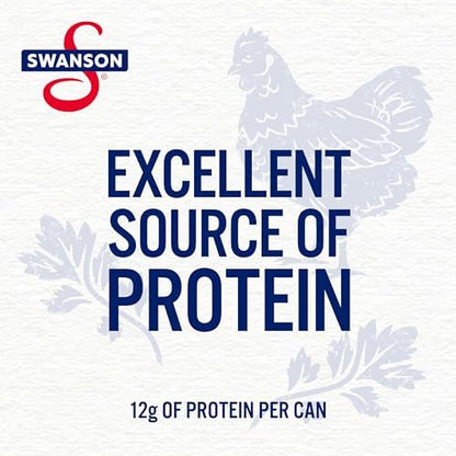 Canned Swanson White Premium Chunk Chicken in Water, 4 cans of 2.4 oz each, with labels showing the product inside the cans.