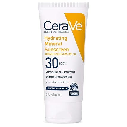 CeraVe Hydrating Mineral Sunscreen SPF 30 face lotion with zinc oxide and titanium dioxide, 2.5 oz, for protecting and moisturizing skin.