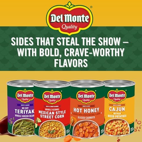 Canned Del Monte Mexican Street Corn in 14.75 oz. cans, pack of 12, featuring vibrant corn with flavorful toppings.