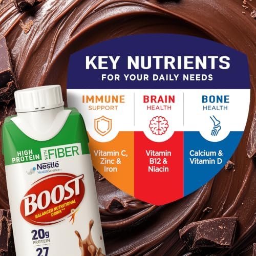 BOOST High Protein with Fiber Chocolate Nutritional Shake, 24-pack, showing a glass filled with creamy chocolate shake.