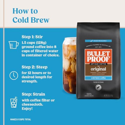 Ground Bulletproof Original Cold Brew Coffee, medium roast, coarse ground, 12 oz bag of coffee for brewing.