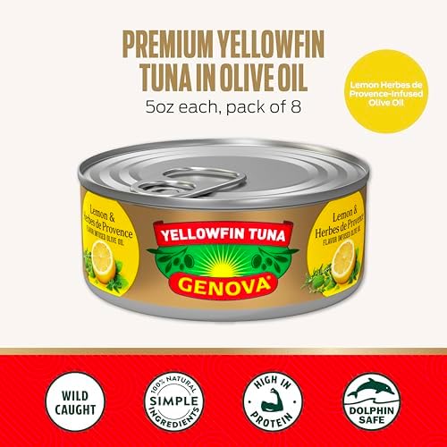 Genova Premium Yellowfin Tuna in Lemon and Herbes de Provence infused olive oil, 5 oz cans, pack of 12, solid light tuna fish