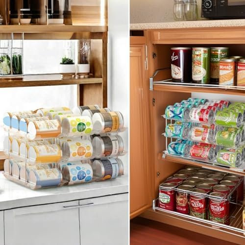 Attelite 3-tier rolling can organizer for pantry storage, showcasing metal racks with cans arranged on each tier for easy access.