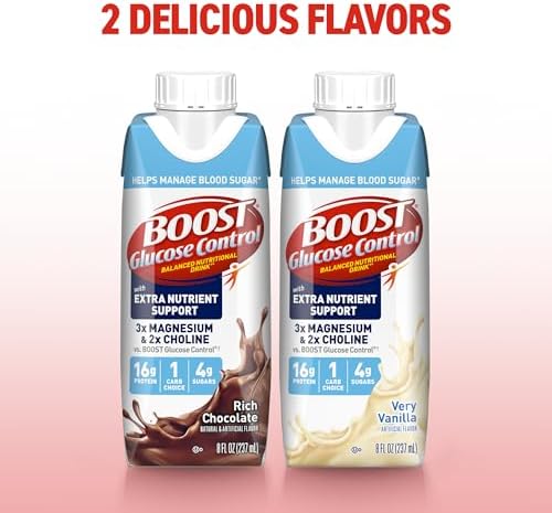BOOST Glucose Control protein drink with rich chocolate flavor in 8 fl oz bottles, pack of 48, for extra nutrient support.